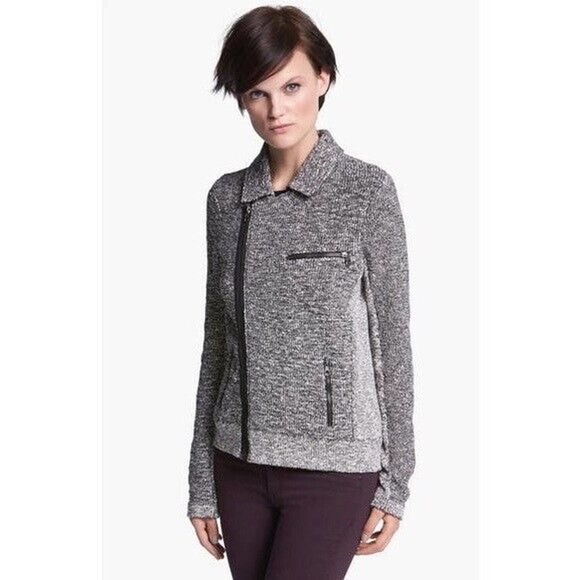 Rag & Bone Hart Tweed Biker Moto Black White Asymmetric Zip Knit Pockets… - Picture 2 of 12